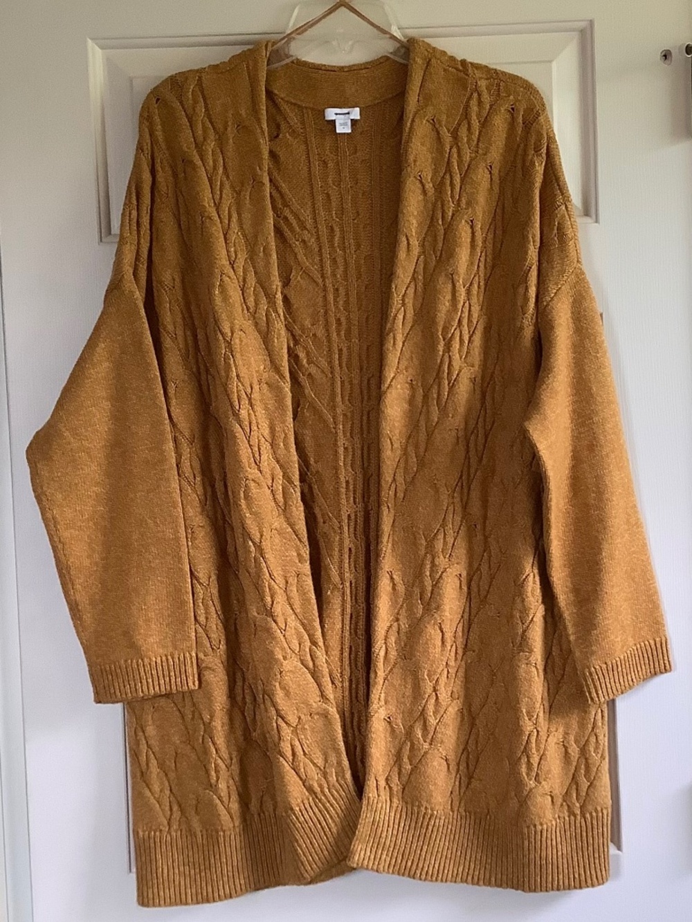 J.Jill Open Front Cable Knit Long Cardigan Sweater Mustard SZ M